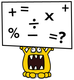 monster holding up a sign showing maths operators