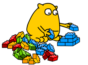 Busy Things Yellow monster playing with lego bricks