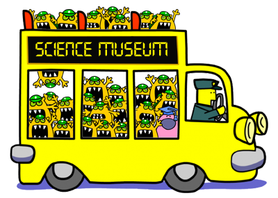 Busy Things monsters on a science school trip bus