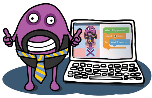 Busy Things character standing next to a laptop Busy Things character standing next to a laptop