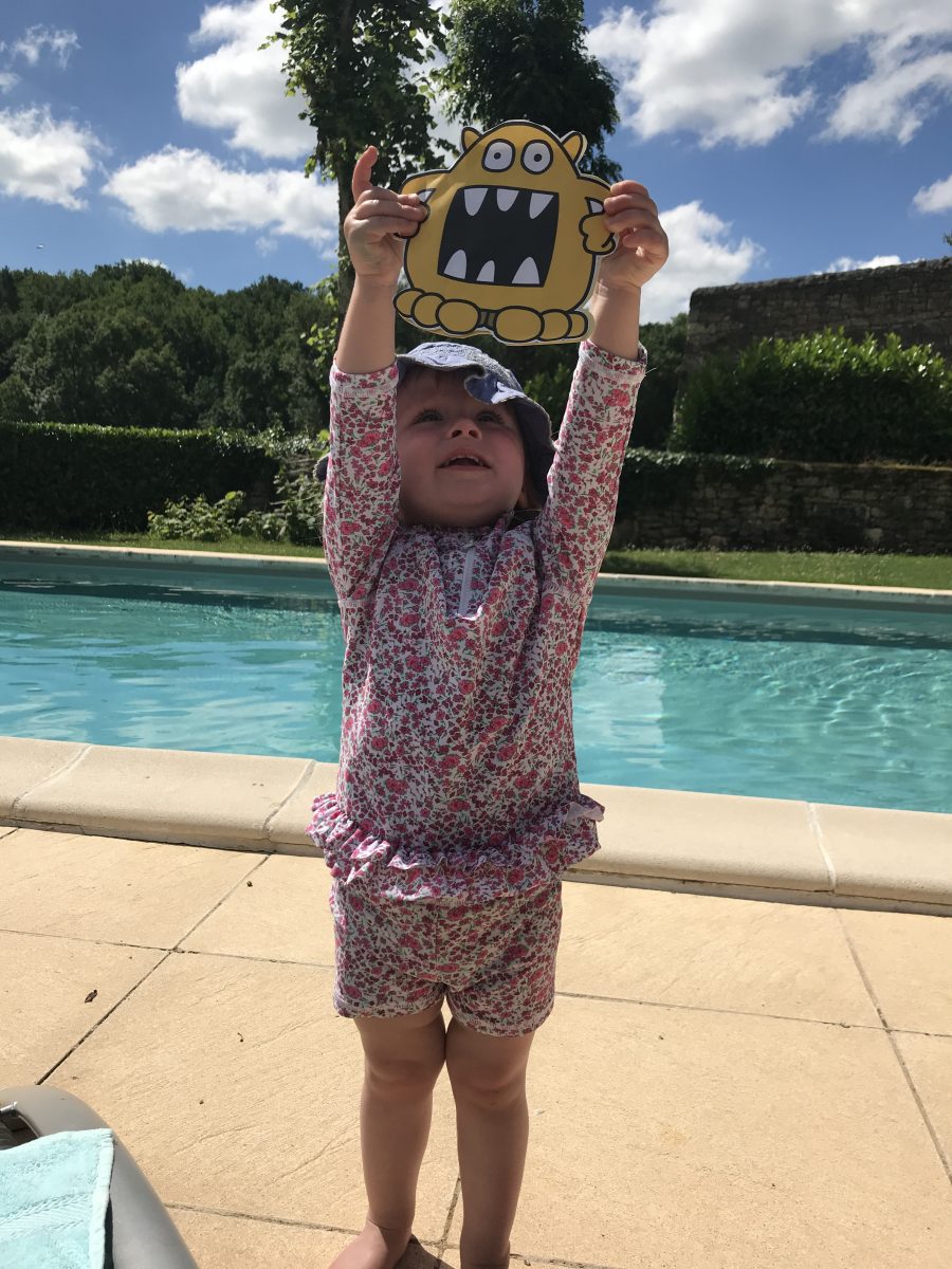 Monster about to take a dip in the pool with Alyssia in France