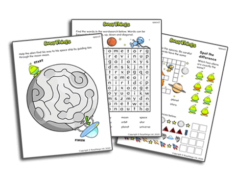 Puzzle and maze activities about Space.