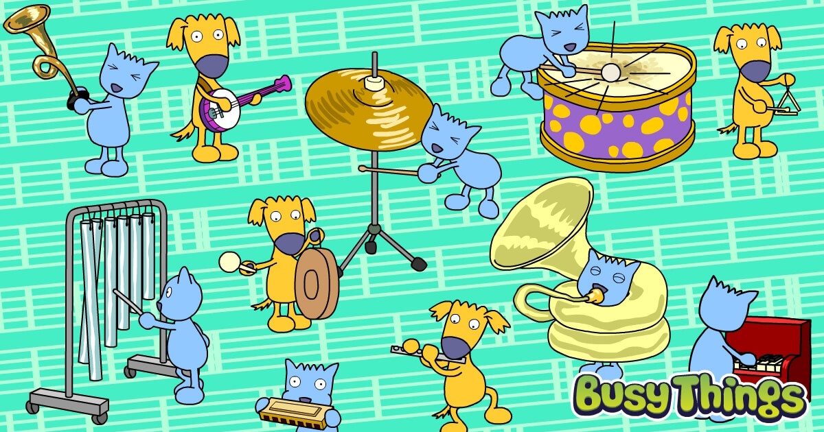Early Years characters playing musical instruments