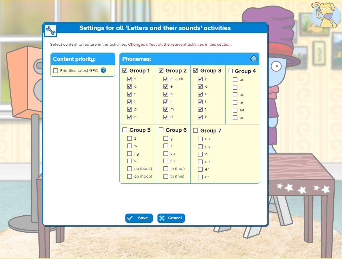 ‘Letters and their sounds settings’ area