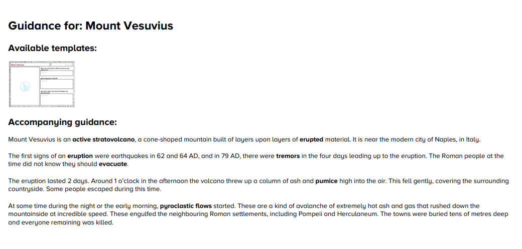 Mount Vesuvius writing activity guidance notes