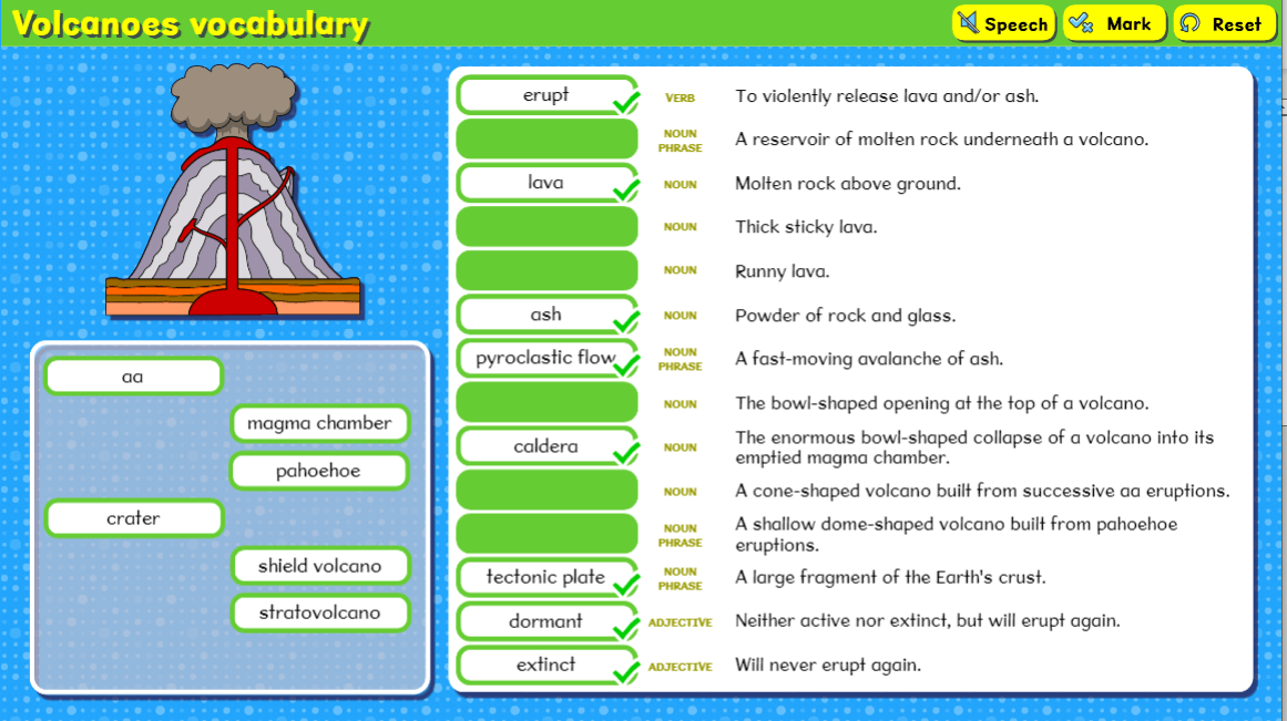 Volcanoes vocabulary activity