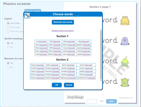 Phonics screener on Busy Things