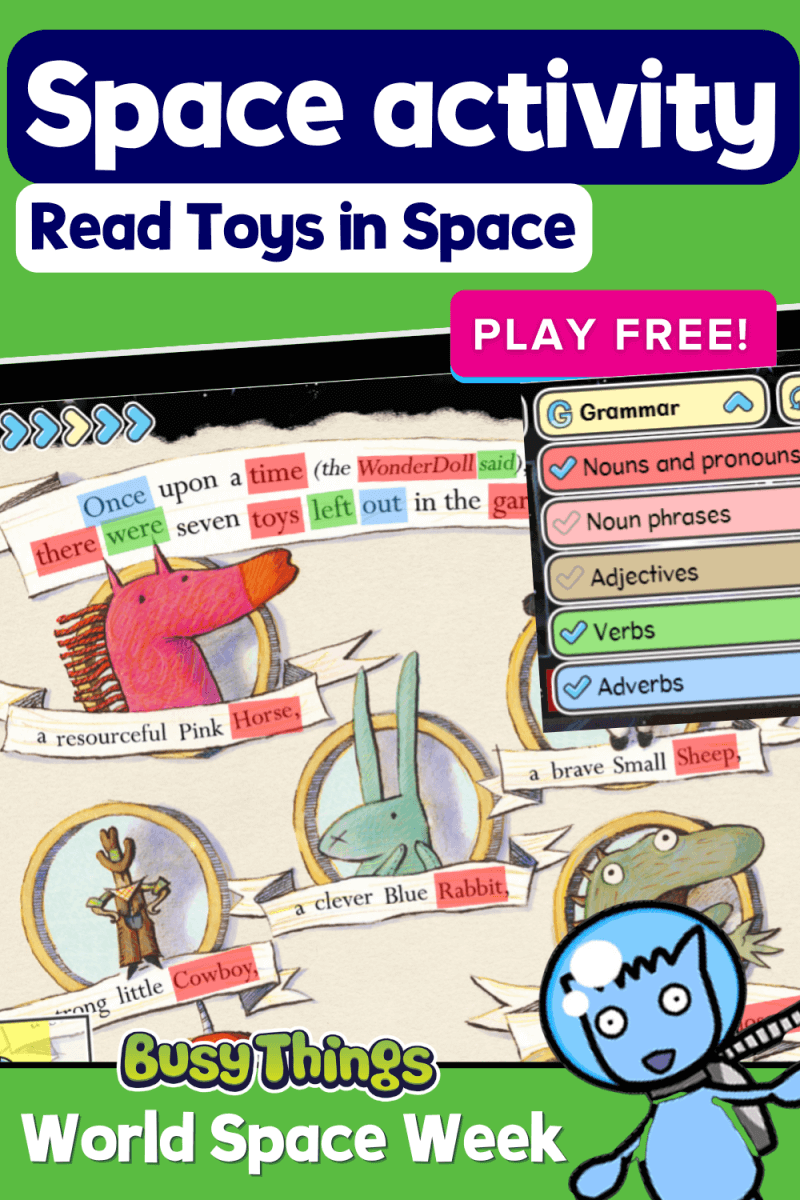 Space activity for kids: grammar activity for toys in space