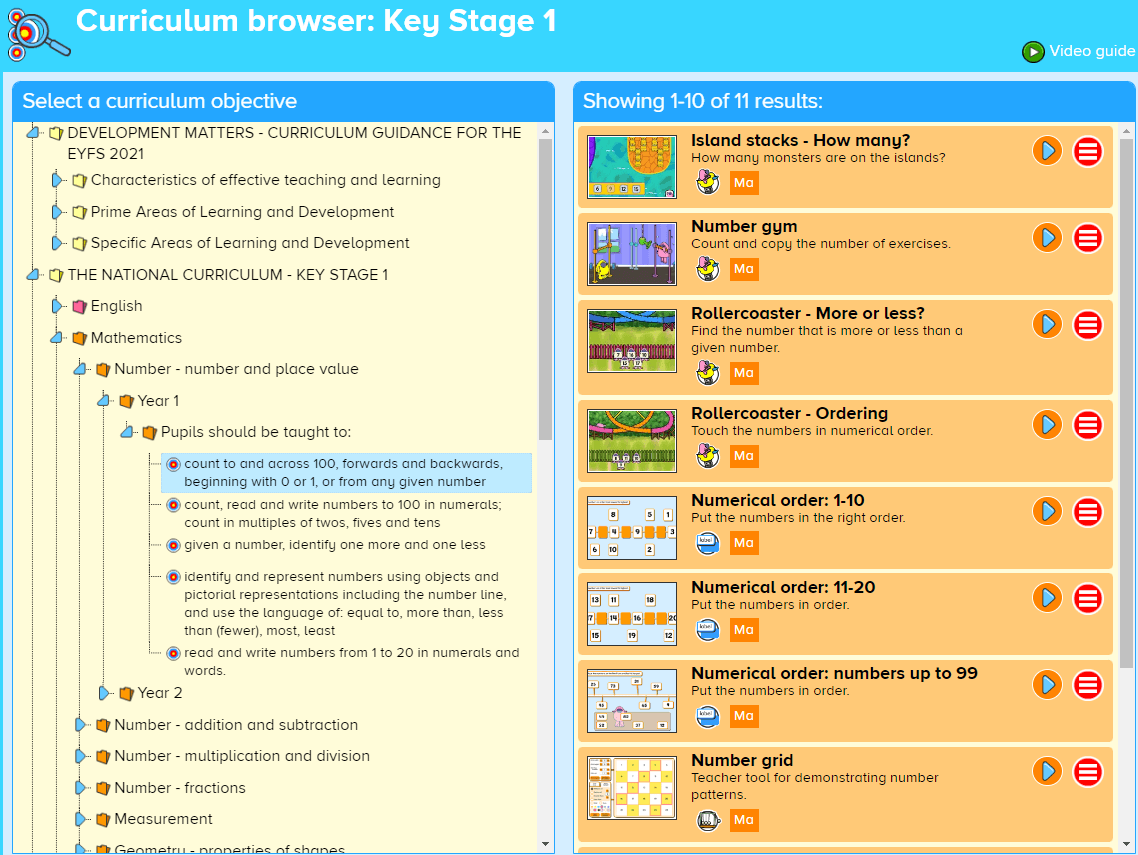 Screenshot of the Curriculum browser