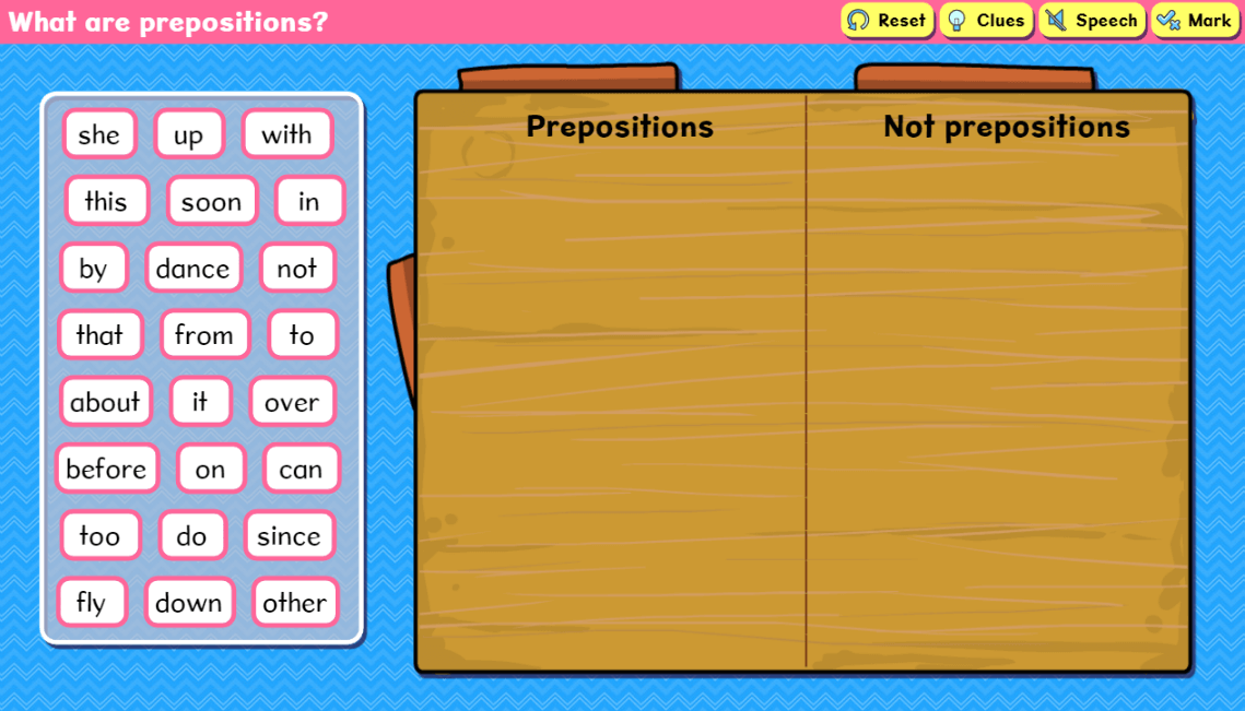 Screenshot of the Preposition or Not? grammar activity
