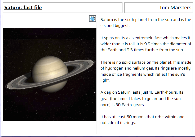 Screenshot of The gas giants writing activity