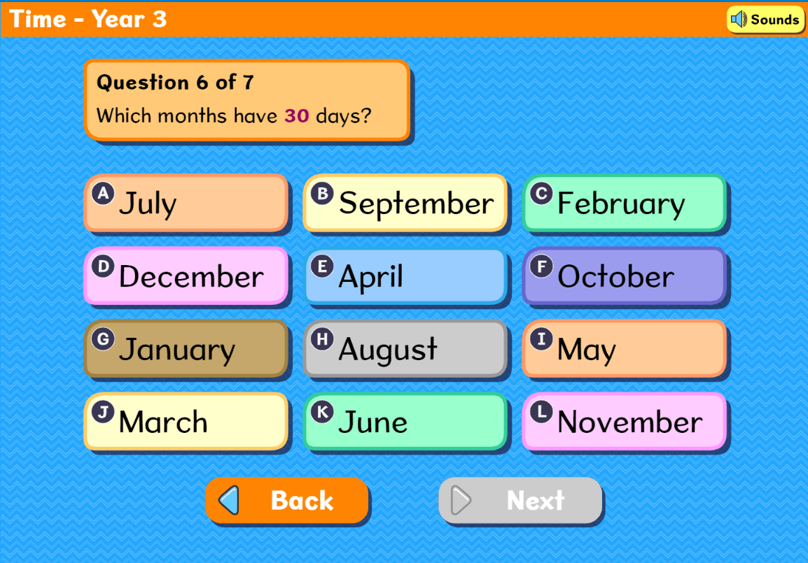 Screenshot of the Time quiz - Year 3