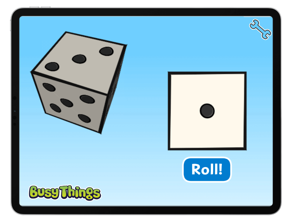 Busy Things dice gadget, use for creating multiplication questions