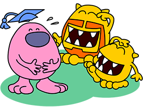 pink man and yellow monsters laughing